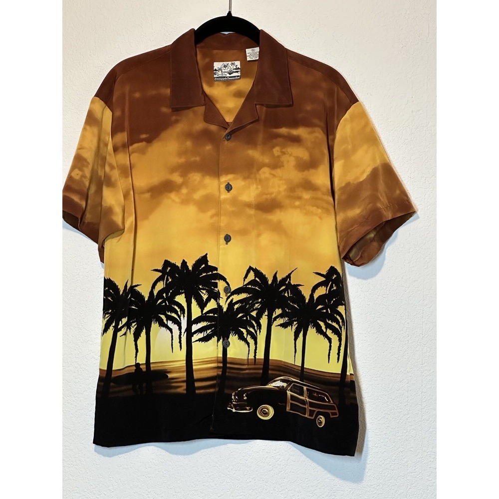 Pineapple Connection Palm Trees Woody Sz L /XL Brown Short Sleeve Hawaiian Shirt